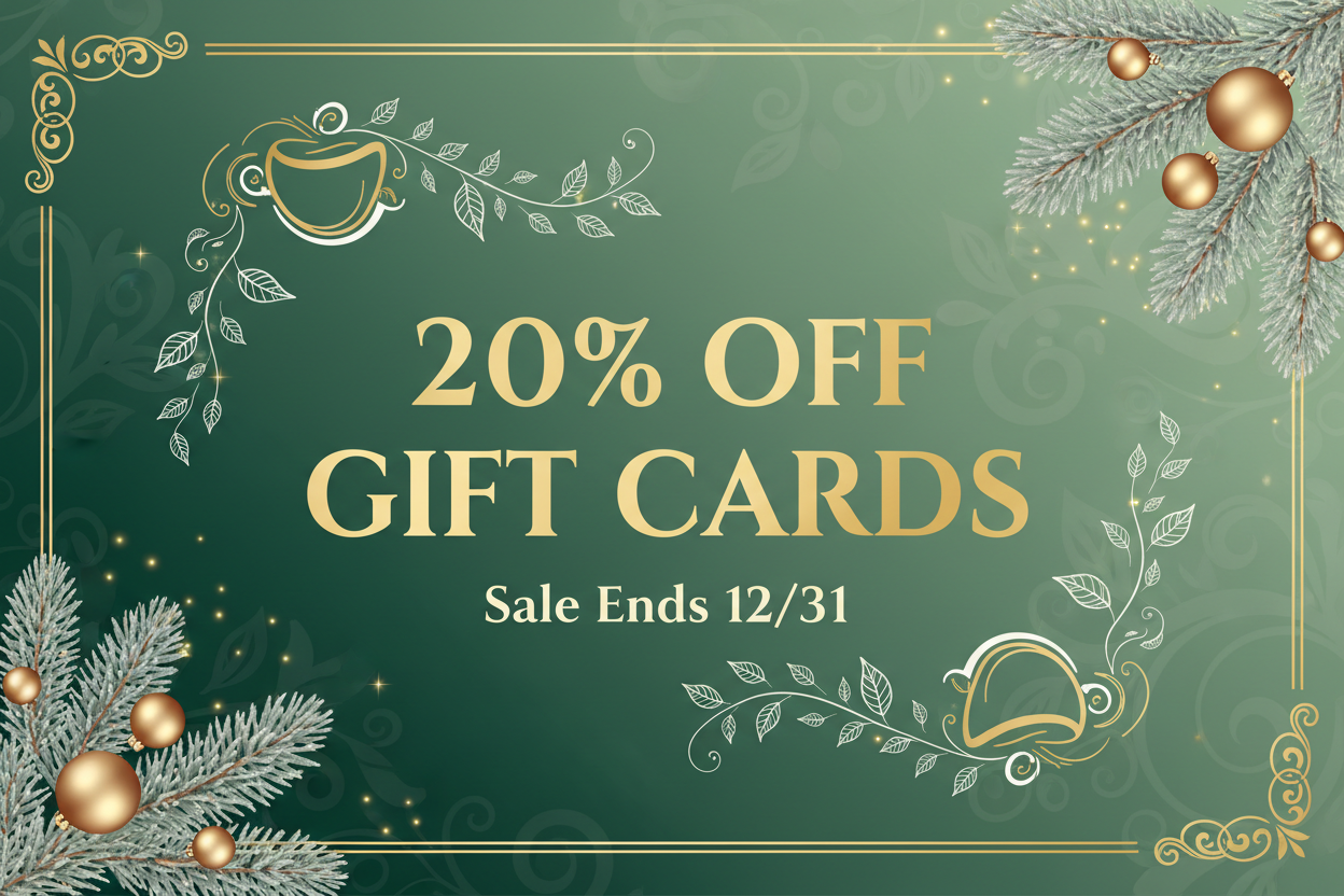 I need an image to show 20% Off giftcards keeping in mind the greens and colors that are used on the gift card product page but also the time of the year. the sale ends on 12/31